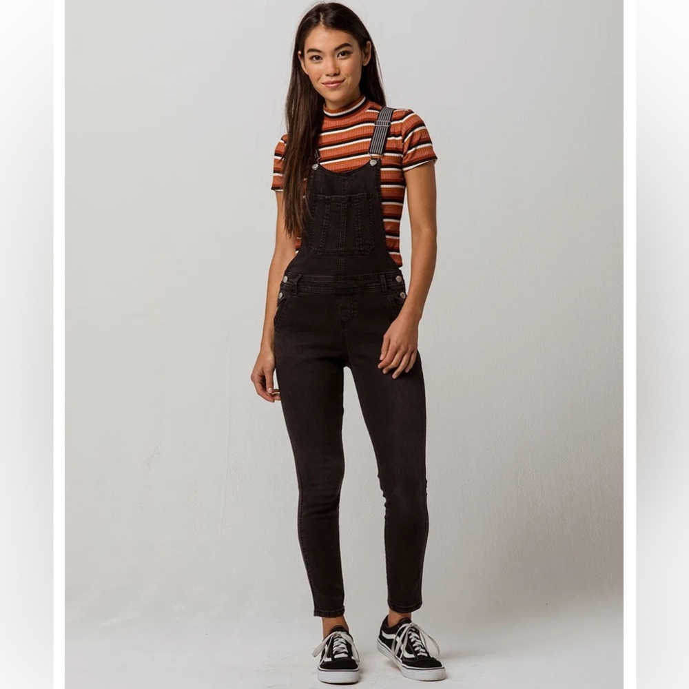 Ivy & Main elastic striped strap black denim skinny stretch overalls 1 SMALL